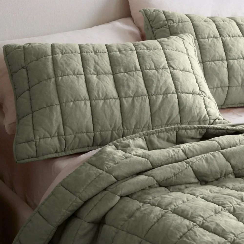 NWOT Quince European Linen Box Quilted King Sham Set in Willowleaf.